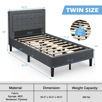 Twin Size Upholstered Bed Frame with Button Tufted Headboard - Black - Simple Bed Frame