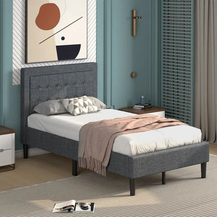 Twin Size Upholstered Bed Frame with Button Tufted Headboard - Black - Simple Bed Frame