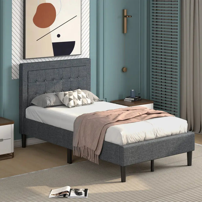 Twin Size Upholstered Bed Frame with Button Tufted Headboard - Black - Simple Bed Frame
