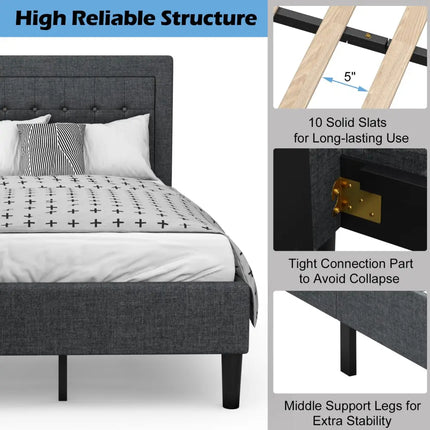 Twin Size Upholstered Bed Frame with Button Tufted Headboard - Black - Simple Bed Frame