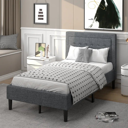 Twin Size Upholstered Bed Frame with Button Tufted Headboard - Black - Simple Bed Frame
