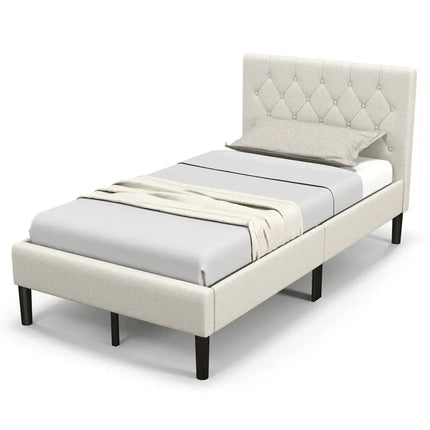 Twin Size Upholstered Platform Bed with Button Tufted Headboard-Beige - Beige - Simple Bed Frame