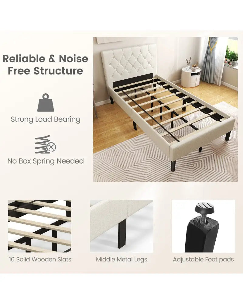 Twin Size Upholstered Platform Bed with Button Tufted Headboard-Beige - Beige - Simple Bed Frame