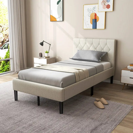 Twin Size Upholstered Platform Bed with Button Tufted Headboard-Beige - Beige - Simple Bed Frame