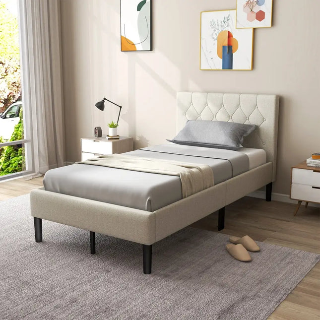 Twin Size Upholstered Platform Bed with Button Tufted Headboard-Beige - Beige - Simple Bed Frame