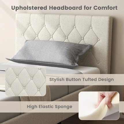 Twin Size Upholstered Platform Bed with Button Tufted Headboard-Beige - Beige - Simple Bed Frame