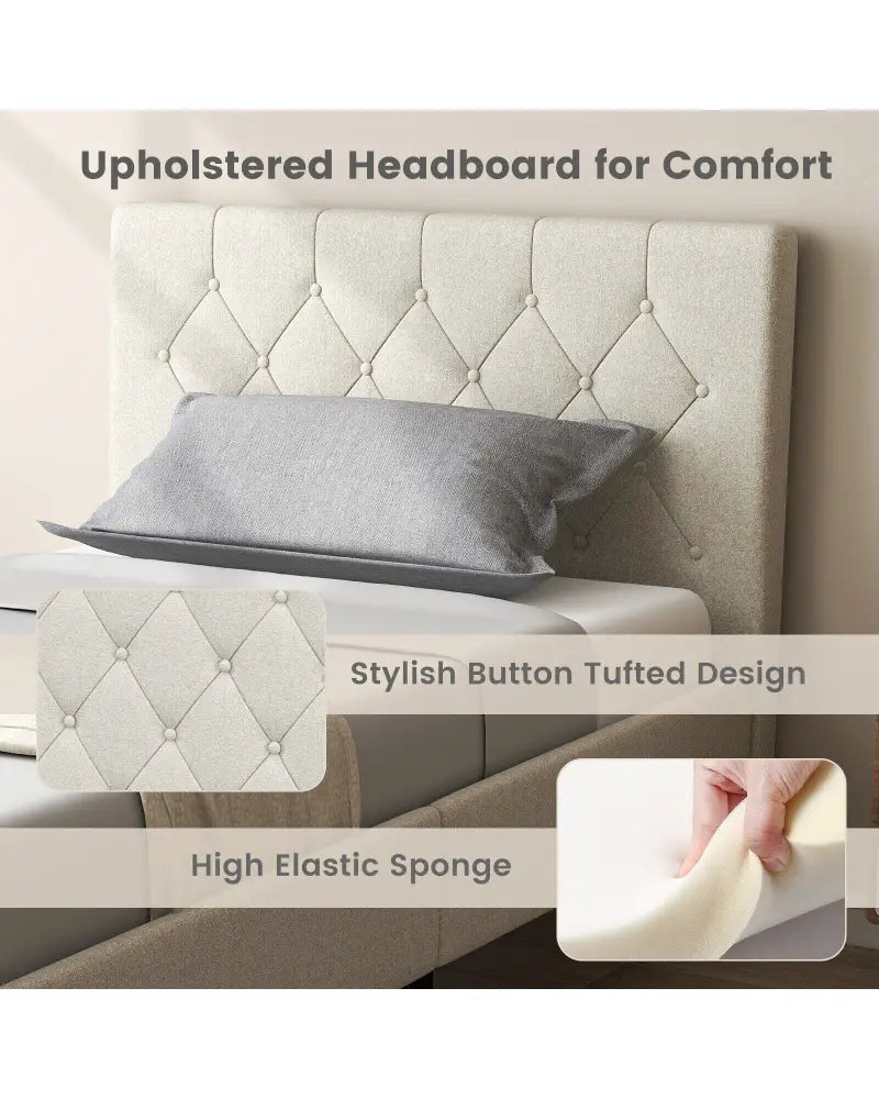 Twin Size Upholstered Platform Bed with Button Tufted Headboard-Beige - Beige - Simple Bed Frame