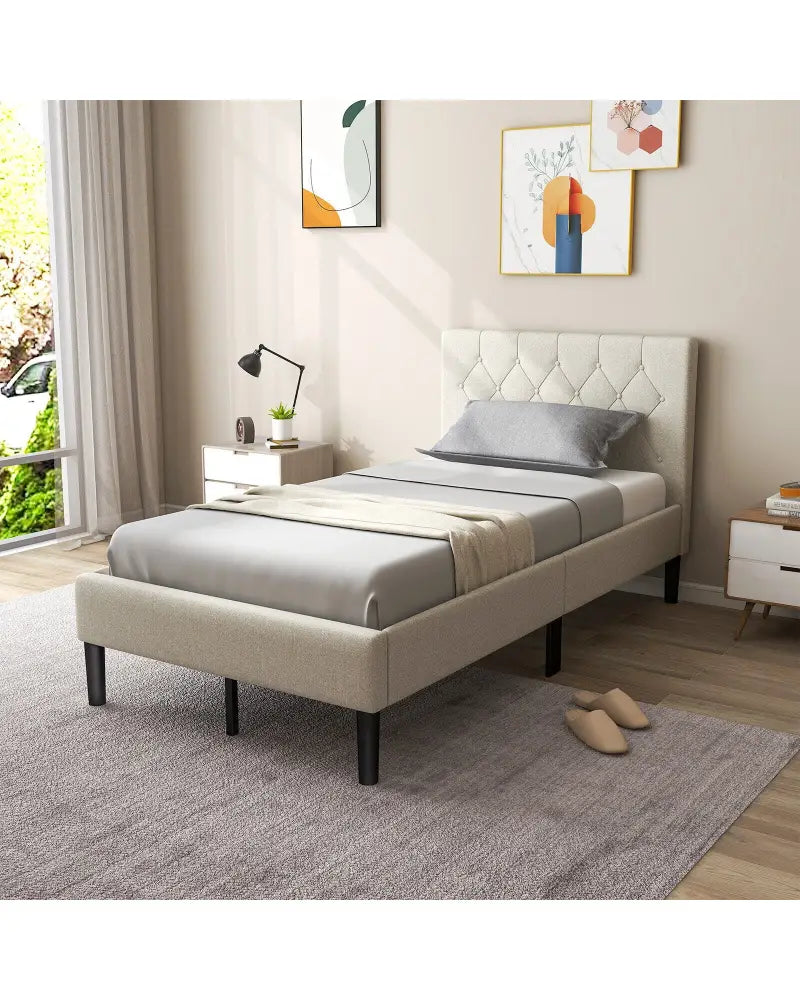 Twin Size Upholstered Platform Bed with Button Tufted Headboard-Beige - Beige - Simple Bed Frame