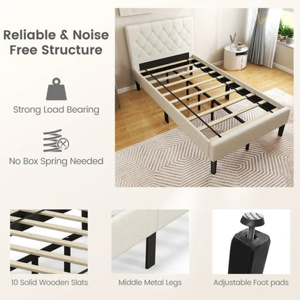 Twin Size Upholstered Platform Bed with Button Tufted Headboard-Beige - Beige - Simple Bed Frame