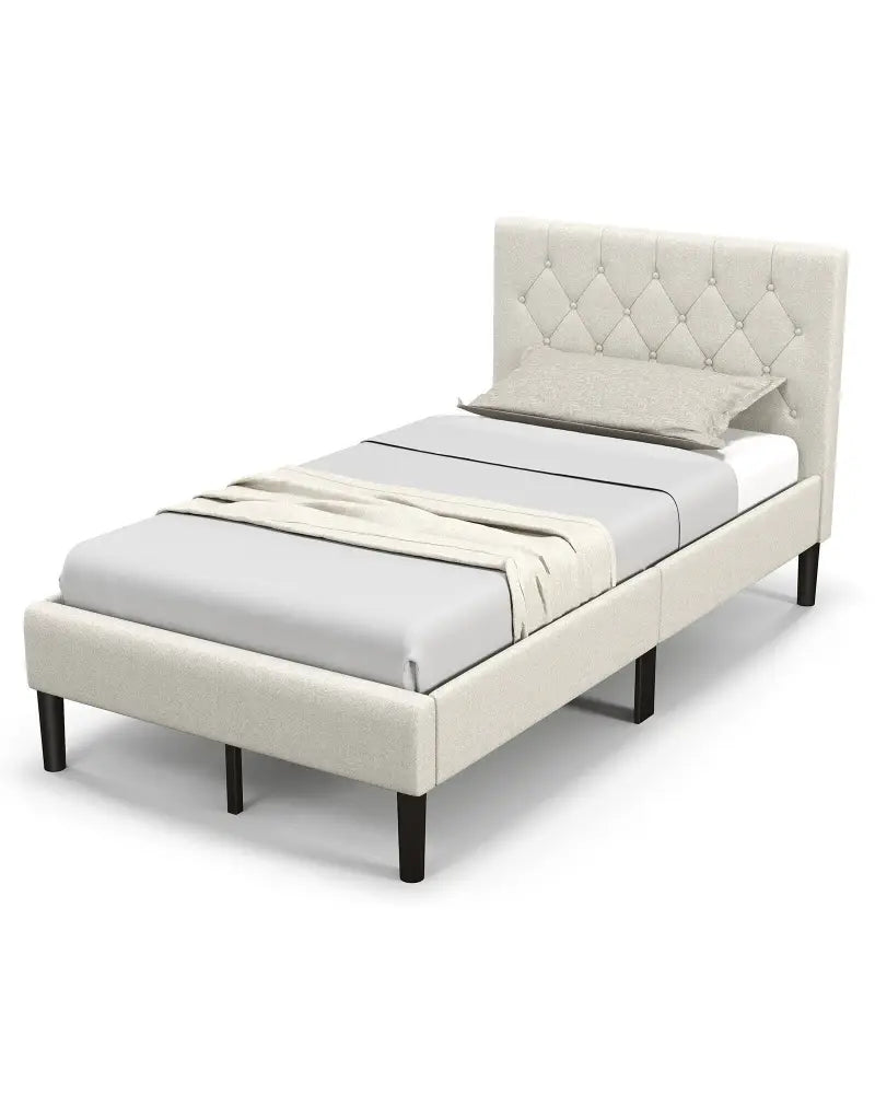 Twin Size Upholstered Platform Bed with Button Tufted Headboard-Beige - Beige - Simple Bed Frame