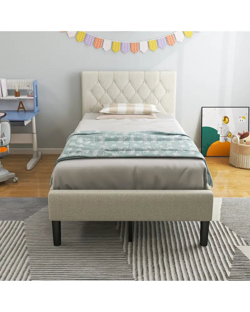Twin Size Upholstered Platform Bed with Button Tufted Headboard-Beige - Beige - Simple Bed Frame