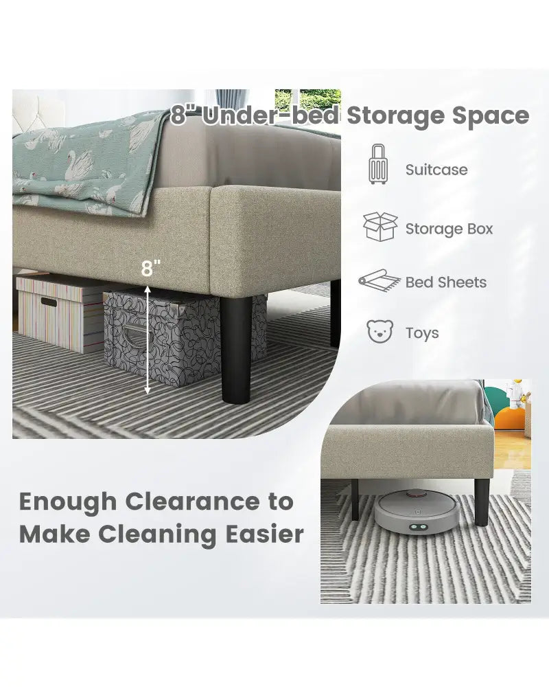 Twin Size Upholstered Platform Bed with Button Tufted Headboard-Beige - Beige - Simple Bed Frame