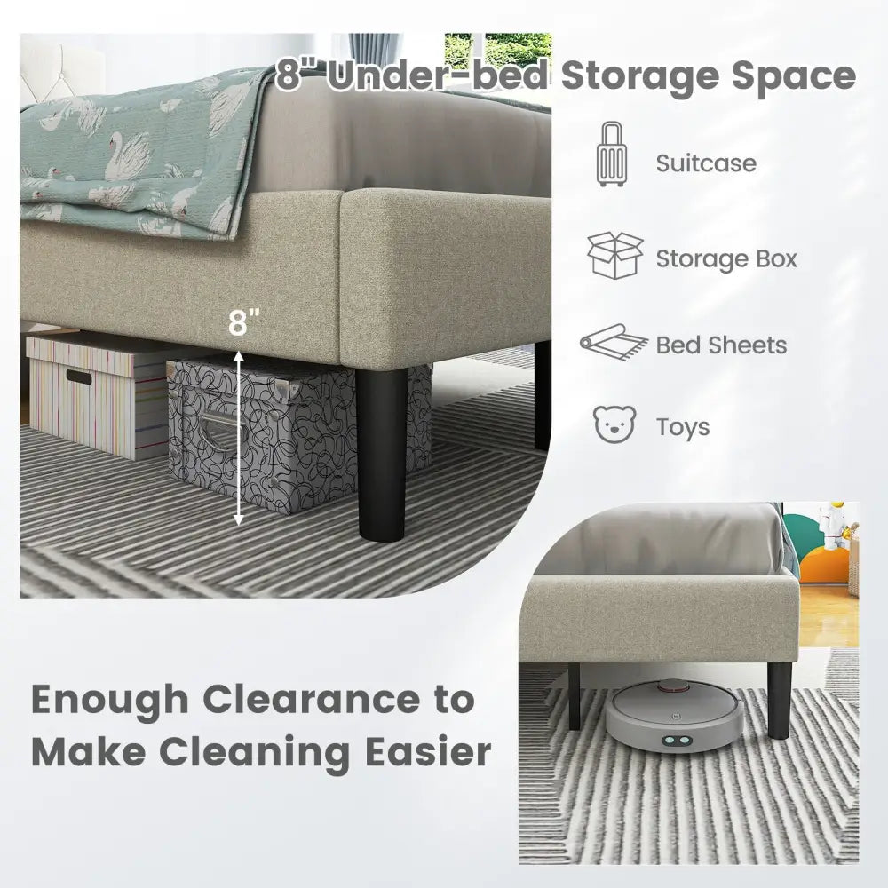 Twin Size Upholstered Platform Bed with Button Tufted Headboard-Beige - Beige - Simple Bed Frame