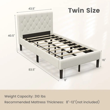 Twin Size Upholstered Platform Bed with Button Tufted Headboard-Beige - Beige - Simple Bed Frame
