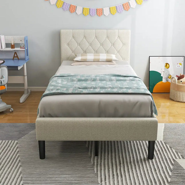 Twin Size Upholstered Platform Bed with Button Tufted Headboard-Beige - Beige - Simple Bed Frame