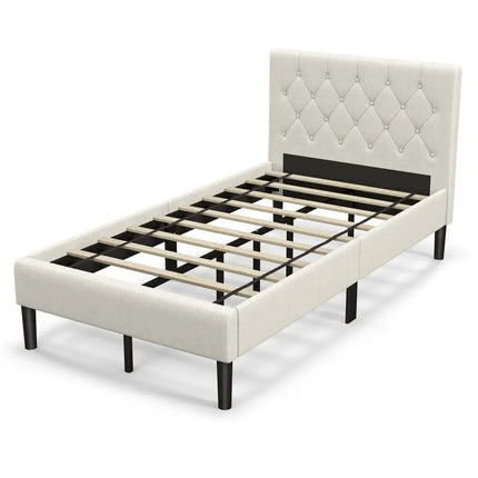 Twin Size Upholstered Platform Bed with Button Tufted Headboard-Beige - Beige - Simple Bed Frame