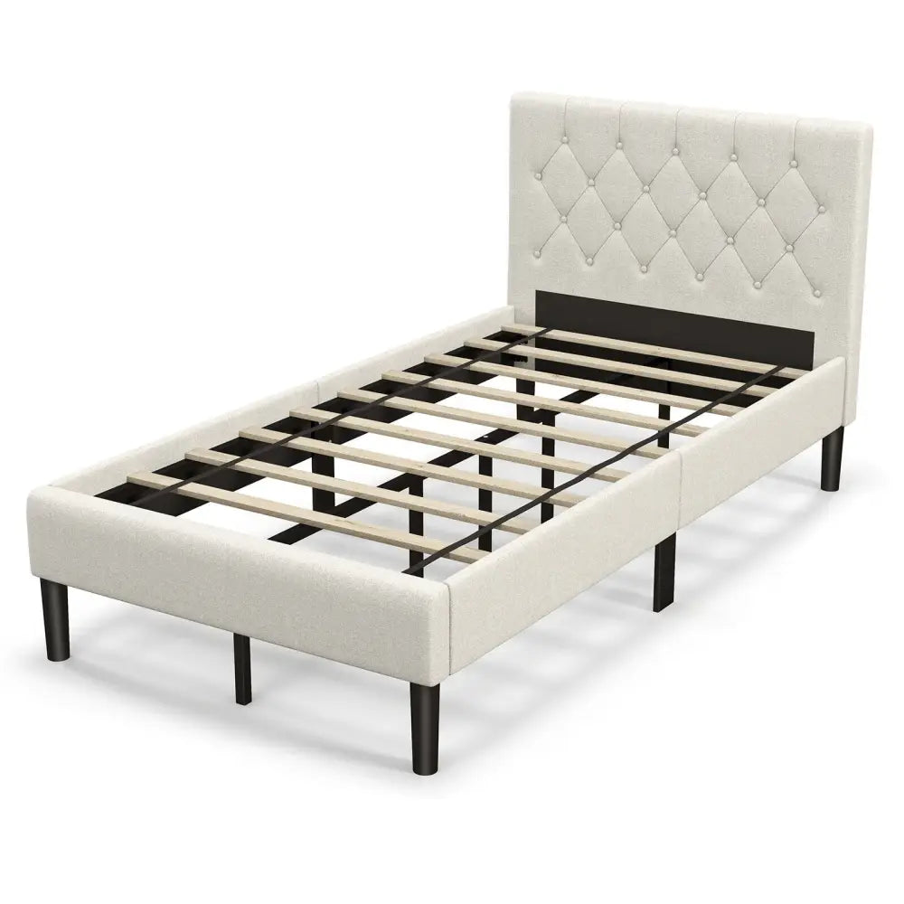 Twin Size Upholstered Platform Bed with Button Tufted Headboard-Beige - Beige - Simple Bed Frame