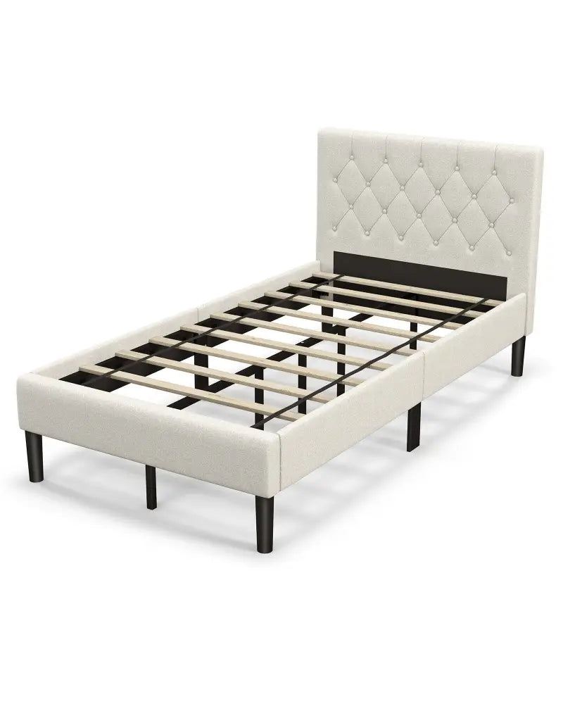 Twin Size Upholstered Platform Bed with Button Tufted Headboard-Beige - Beige - Simple Bed Frame