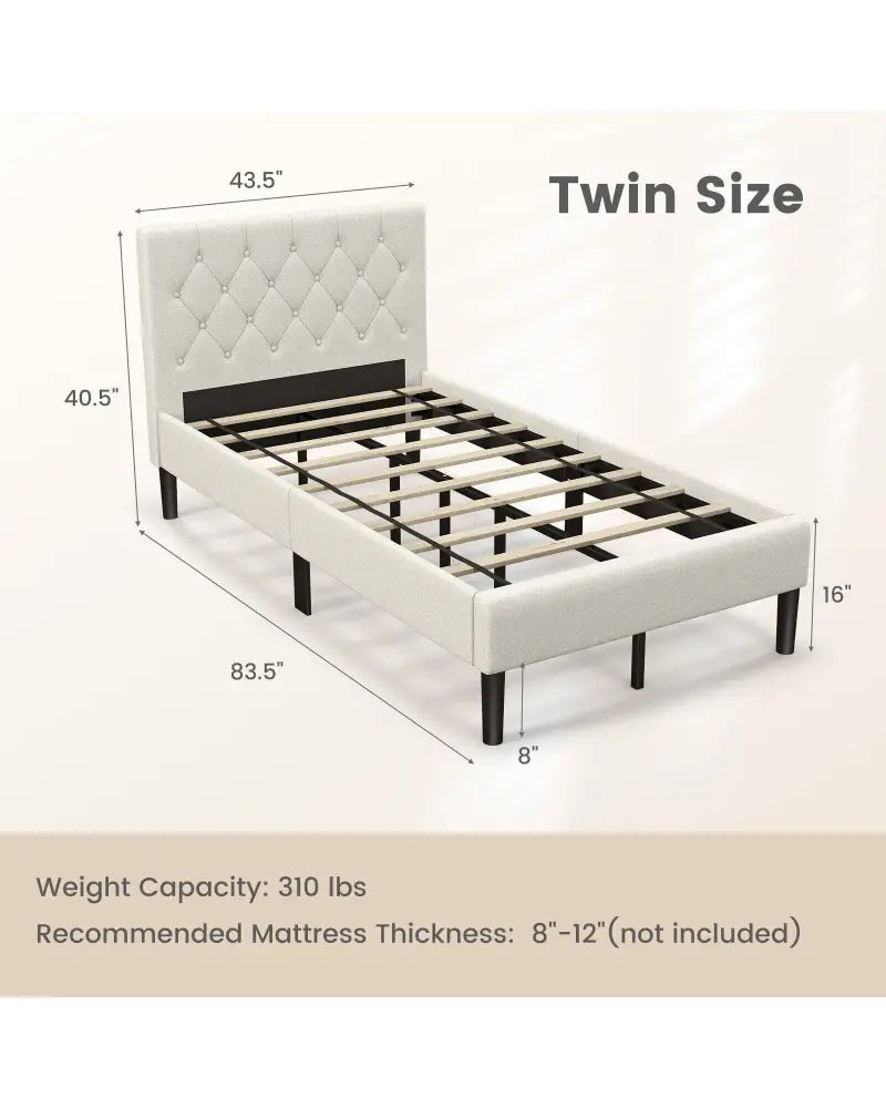 Twin Size Upholstered Platform Bed with Button Tufted Headboard-Beige - Beige - Simple Bed Frame