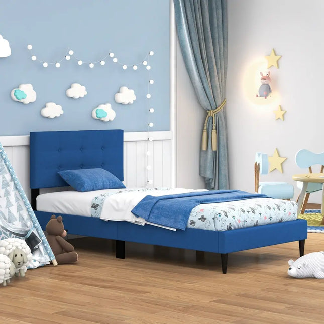 Twin Size Upholstered Platform Bed with Button Tufted Headboard-Blue - Blue - Simple Bed Frame