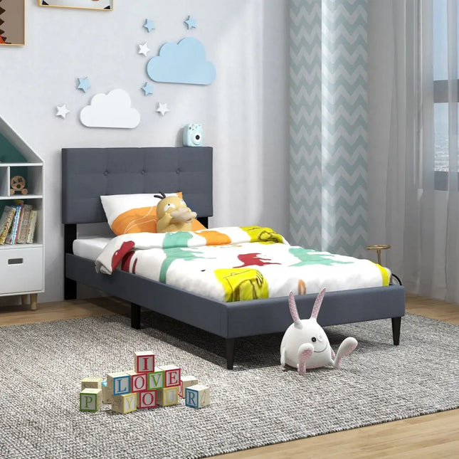 Twin Size Upholstered Platform Bed with Button Tufted Headboard-Gray - Gray - Simple Bed Frame