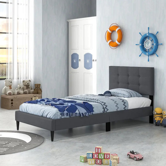 Twin Size Upholstered Platform Bed with Button Tufted Headboard-Gray - Gray - Simple Bed Frame