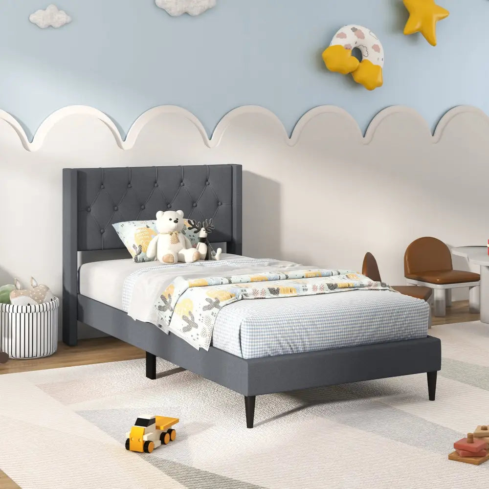 Twin Size Upholstered Platform Bed with Button Tufted Wingback Headboard-Gray - Gray - Simple Bed Frame