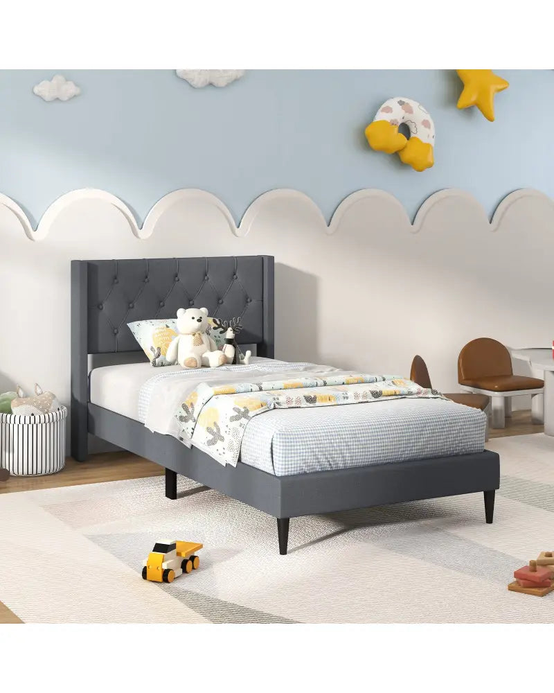 Twin Size Upholstered Platform Bed with Button Tufted Wingback Headboard-Gray - Gray - Simple Bed Frame