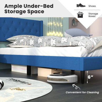 Twin Size Upholstered Platform Bed with Button Tufted Wingback Headboard-Blue - Blue - Simple Bed Frame