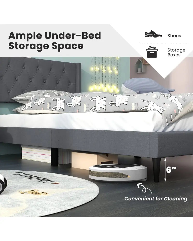 Twin Size Upholstered Platform Bed with Button Tufted Wingback Headboard-Gray - Gray - Simple Bed Frame