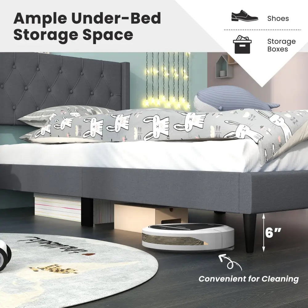 Twin Size Upholstered Platform Bed with Button Tufted Wingback Headboard-Gray - Gray - Simple Bed Frame