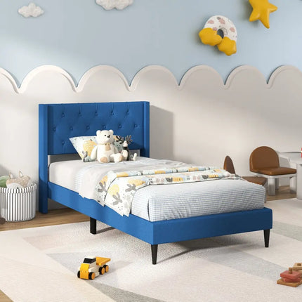 Twin Size Upholstered Platform Bed with Button Tufted Wingback Headboard-Blue - Blue - Simple Bed Frame