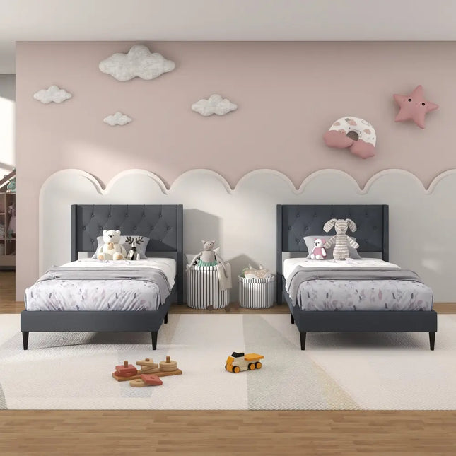 Twin Size Upholstered Platform Bed with Button Tufted Wingback Headboard-Gray - Gray - Simple Bed Frame