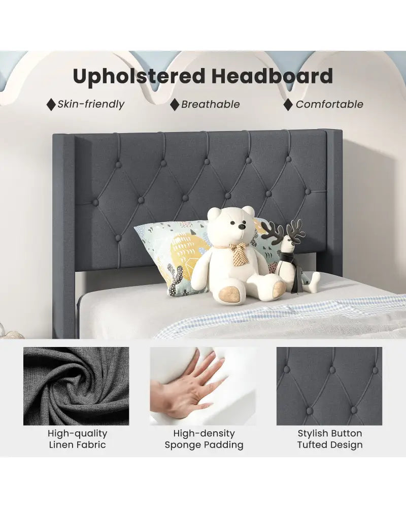 Twin Size Upholstered Platform Bed with Button Tufted Wingback Headboard-Gray - Gray - Simple Bed Frame