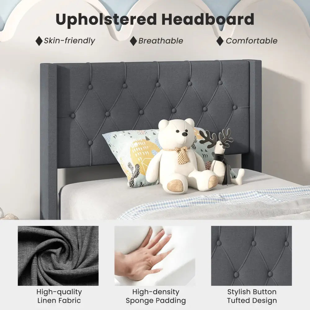 Twin Size Upholstered Platform Bed with Button Tufted Wingback Headboard-Gray - Gray - Simple Bed Frame