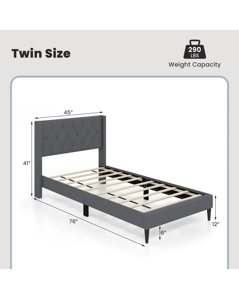 Twin Size Upholstered Platform Bed with Button Tufted Wingback Headboard-Gray - Gray - Simple Bed Frame