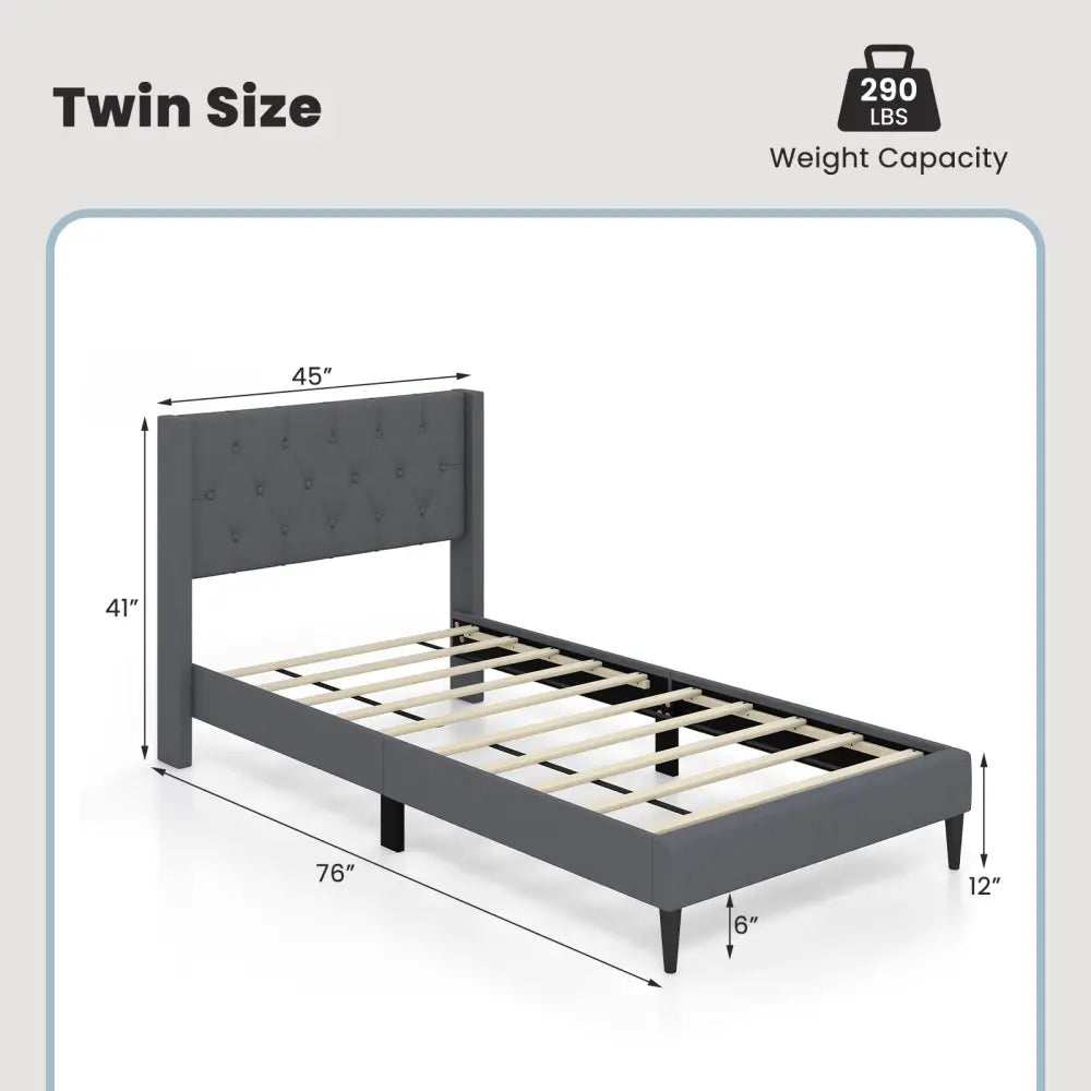 Twin Size Upholstered Platform Bed with Button Tufted Wingback Headboard-Gray - Gray - Simple Bed Frame