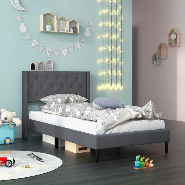 Twin Size Upholstered Platform Bed with Button Tufted Wingback Headboard-Gray - Gray - Simple Bed Frame