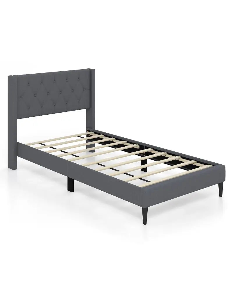 Twin Size Upholstered Platform Bed with Button Tufted Wingback Headboard-Gray - Gray - Simple Bed Frame
