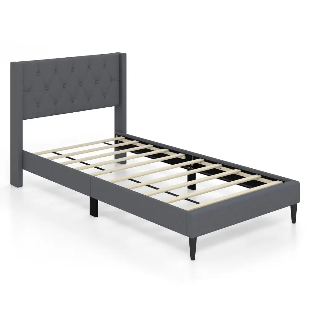 Twin Size Upholstered Platform Bed with Button Tufted Wingback Headboard-Gray - Gray - Simple Bed Frame