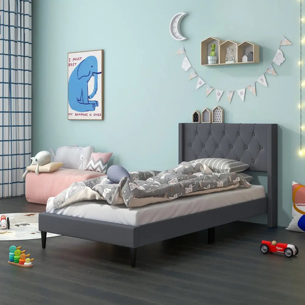 Twin Size Upholstered Platform Bed with Button Tufted Wingback Headboard-Gray - Gray - Simple Bed Frame