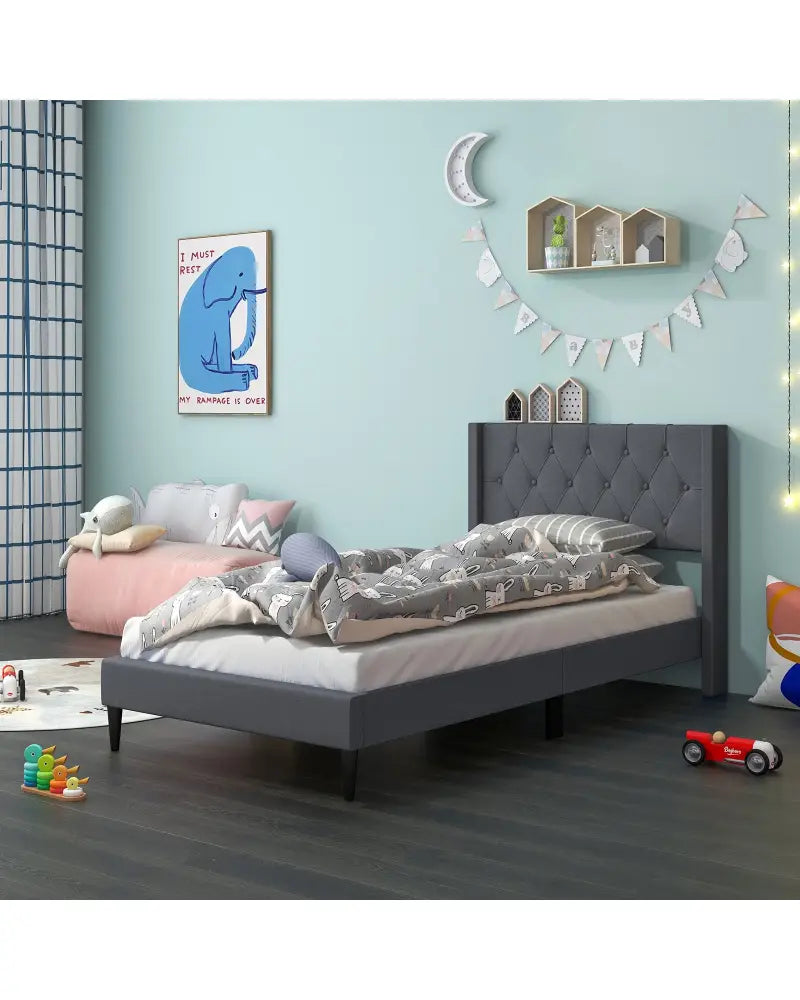 Twin Size Upholstered Platform Bed with Button Tufted Wingback Headboard-Gray - Gray - Simple Bed Frame
