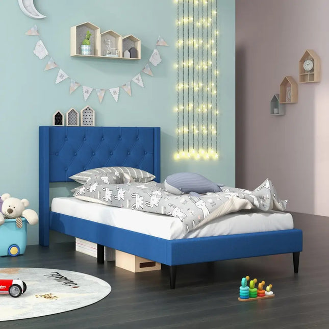 Twin Size Upholstered Platform Bed with Button Tufted Wingback Headboard-Blue - Blue - Simple Bed Frame