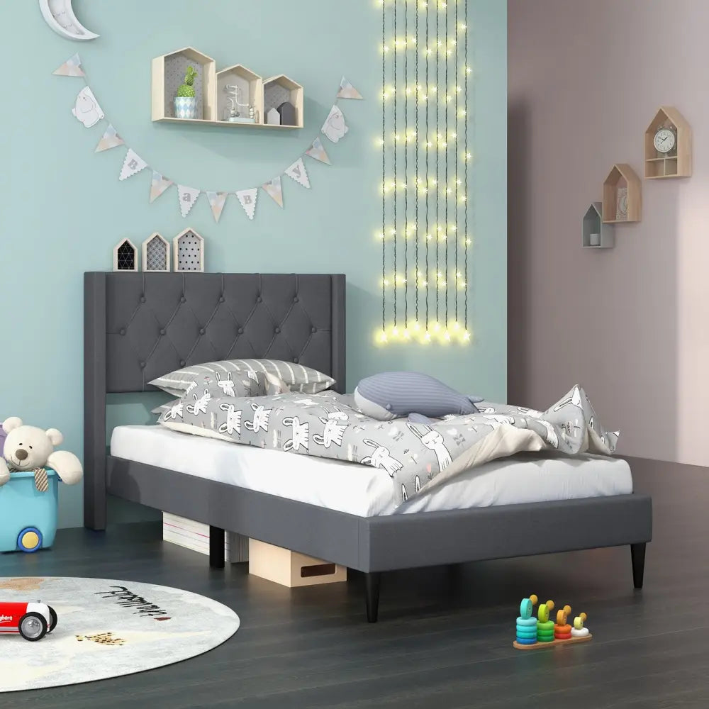 Twin Size Upholstered Platform Bed with Button Tufted Wingback Headboard-Gray - Gray - Simple Bed Frame