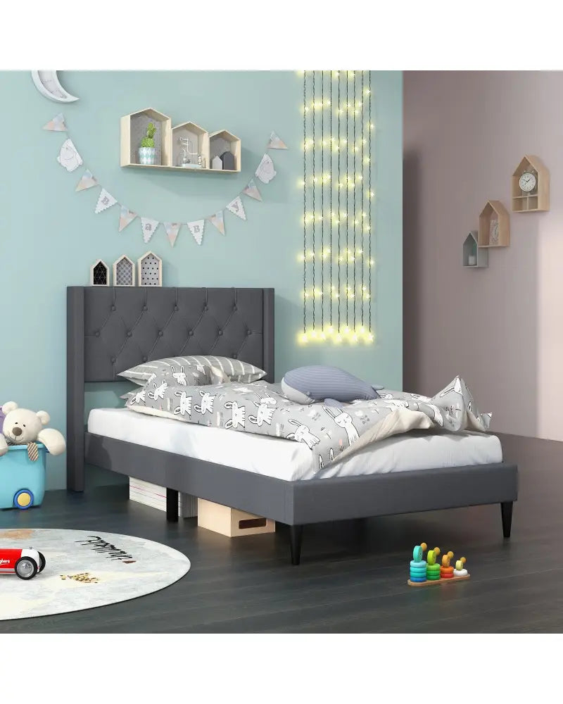 Twin Size Upholstered Platform Bed with Button Tufted Wingback Headboard-Gray - Gray - Simple Bed Frame