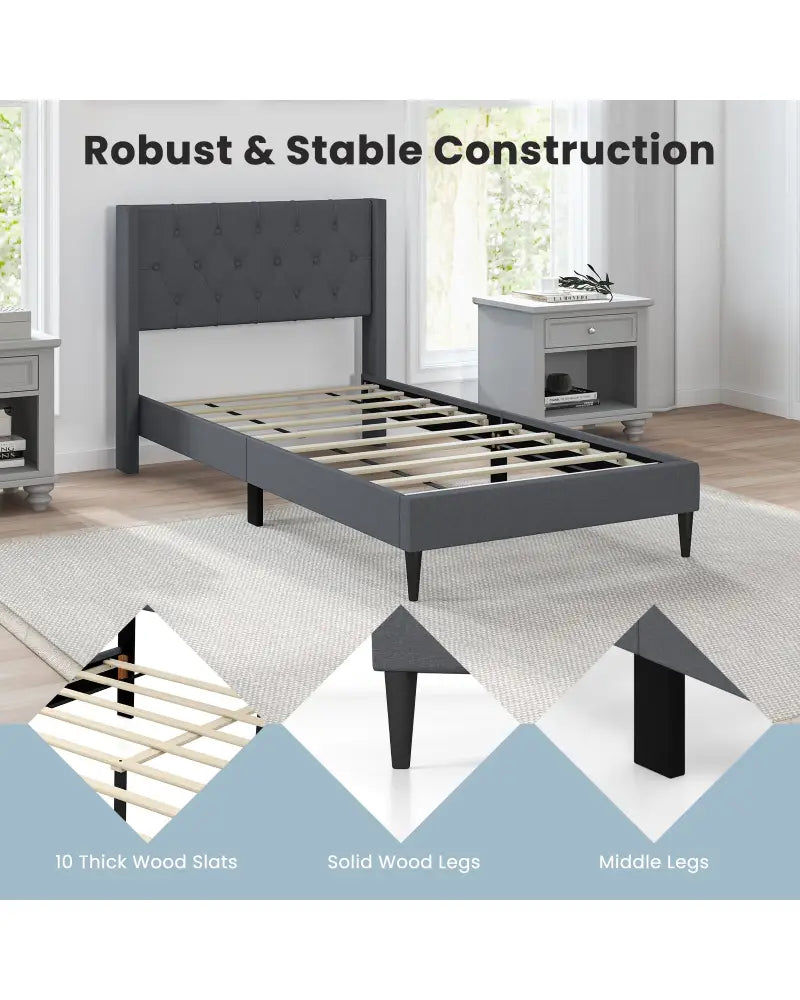Twin Size Upholstered Platform Bed with Button Tufted Wingback Headboard-Gray - Gray - Simple Bed Frame