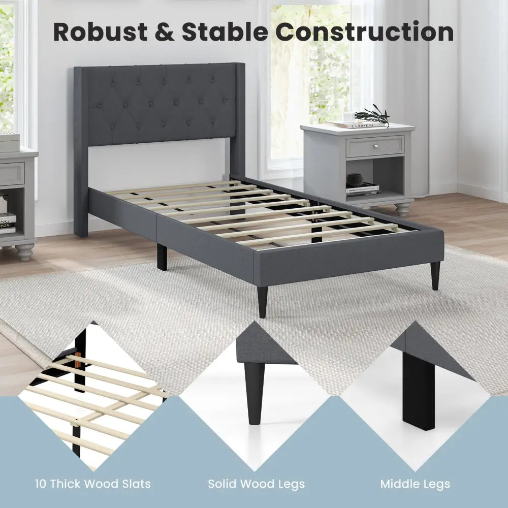 Twin Size Upholstered Platform Bed with Button Tufted Wingback Headboard-Gray - Gray - Simple Bed Frame