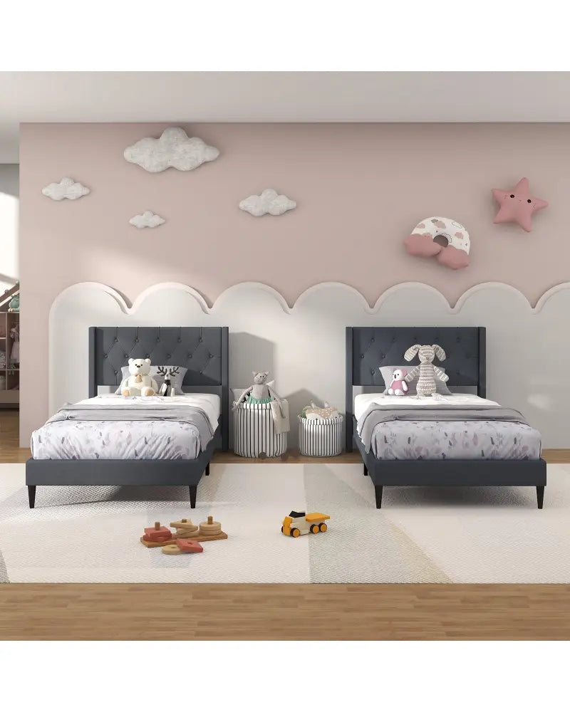Twin Size Upholstered Platform Bed with Button Tufted Wingback Headboard-Gray - Gray - Simple Bed Frame