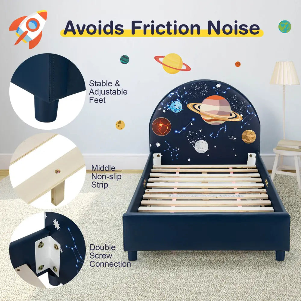 Twin Size Upholstered Platform Children Single Bed - Dark Blue - Toddler Beds