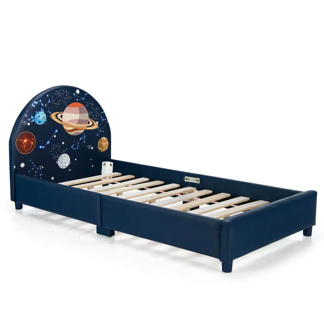 Twin Size Upholstered Platform Children Single Bed - Dark Blue - Toddler Beds